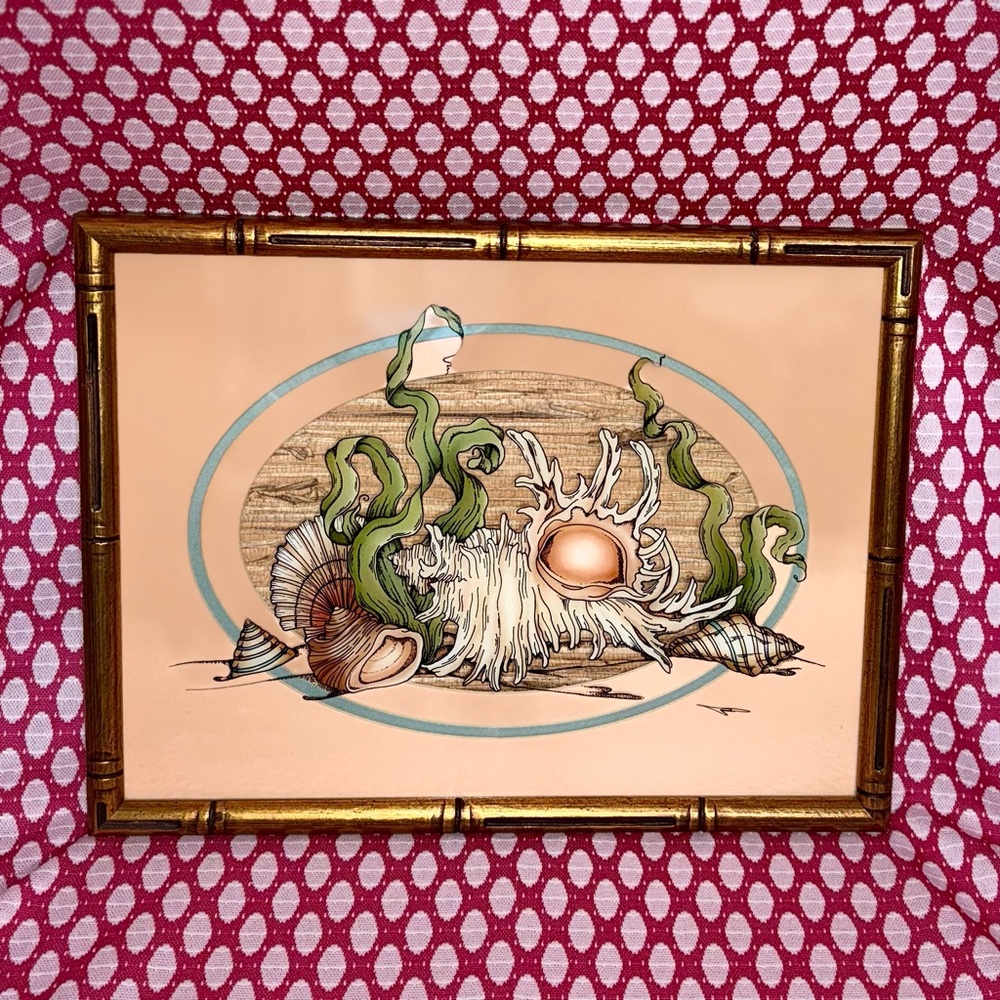 Vintage MCM Green Orange Seashell Coral Glass Art with Gold Frame